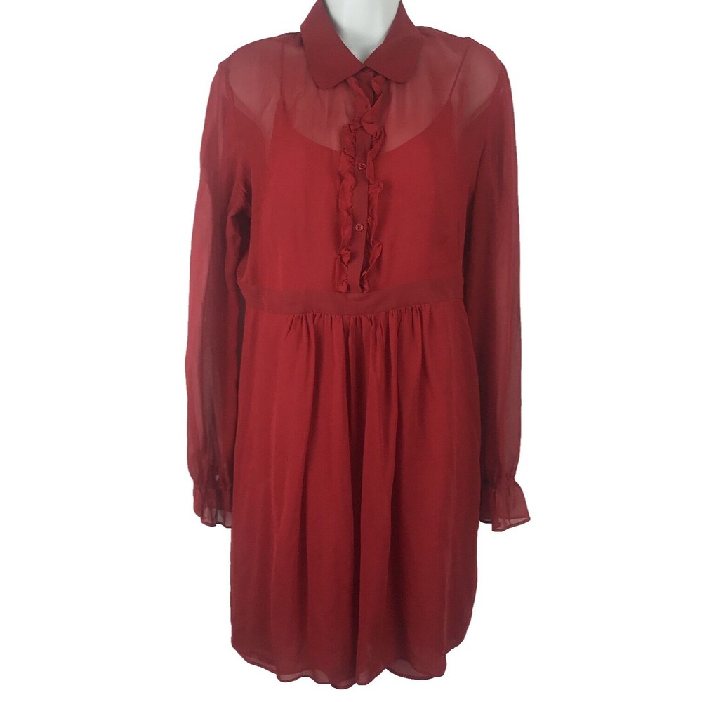 Vintage Express Red 100% Silk Sheer Ruffle Peasant Midi Dress Junior Size 13/14
